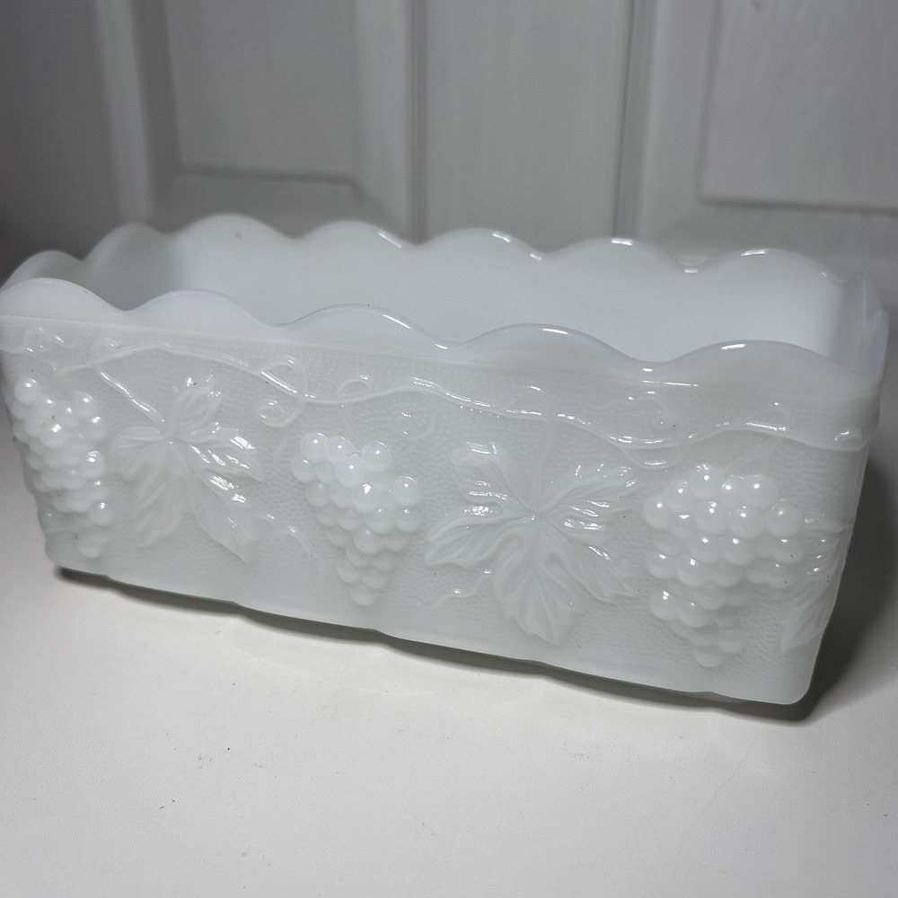 Anchor Hocking Fire King Milk Glass Grape Harvest Planter Vintage 1960s